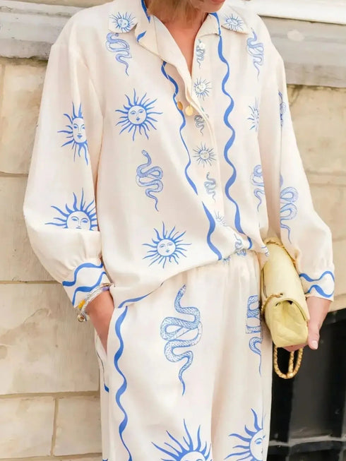 'Betony' Sun Print Long Sleeve Shirt and Pants Set - Celes Fashion
